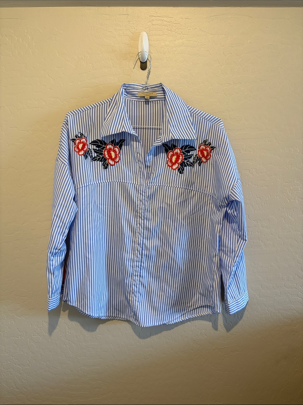Polagram Blue and White Striped Button-Up Shirt with Red Floral Embroidery